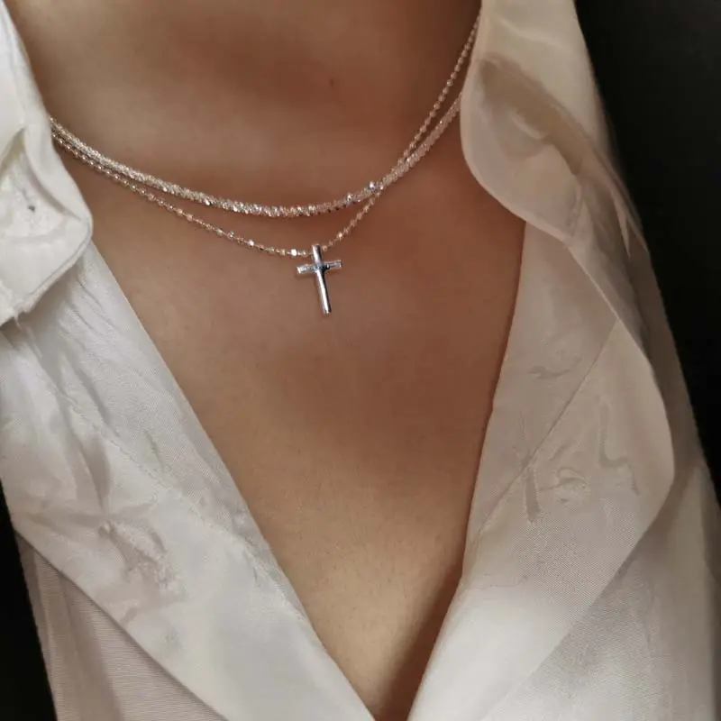 Fashion Silver Color Double Layer Cross Pendant Necklaces For Women Sparkling Clavicle Chain Choker Charm Necklace Jewelry Gifts