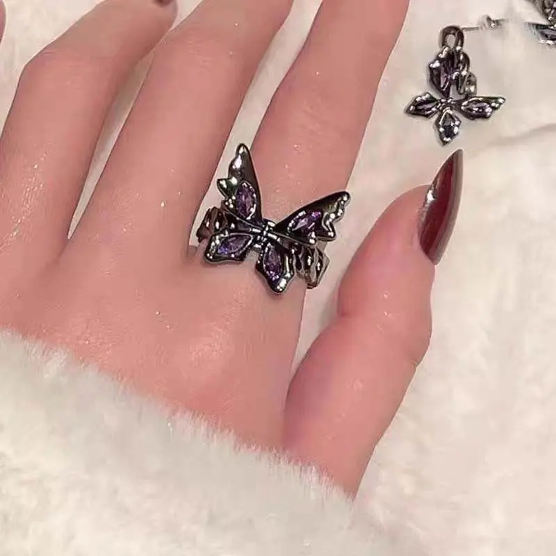 Punk Gothic Purple Zircon Love Heart Cross Open Rings For Men Women Retro Black Thorny Rose Couple Finger Rings Y2K Jewelry Gift