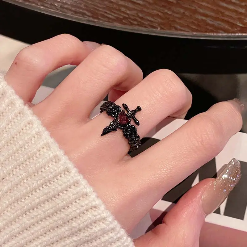 Punk Gothic Purple Zircon Love Heart Cross Open Rings For Men Women Retro Black Thorny Rose Couple Finger Rings Y2K Jewelry Gift