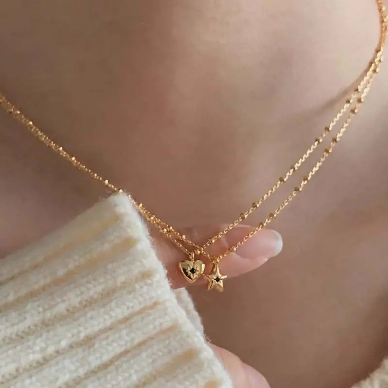 Korean Blue Zircon Heart Star Pendant Necklace For Women Vintage Silver Color Beaded Clavicle Chain Necklace Jewelry 2025 New