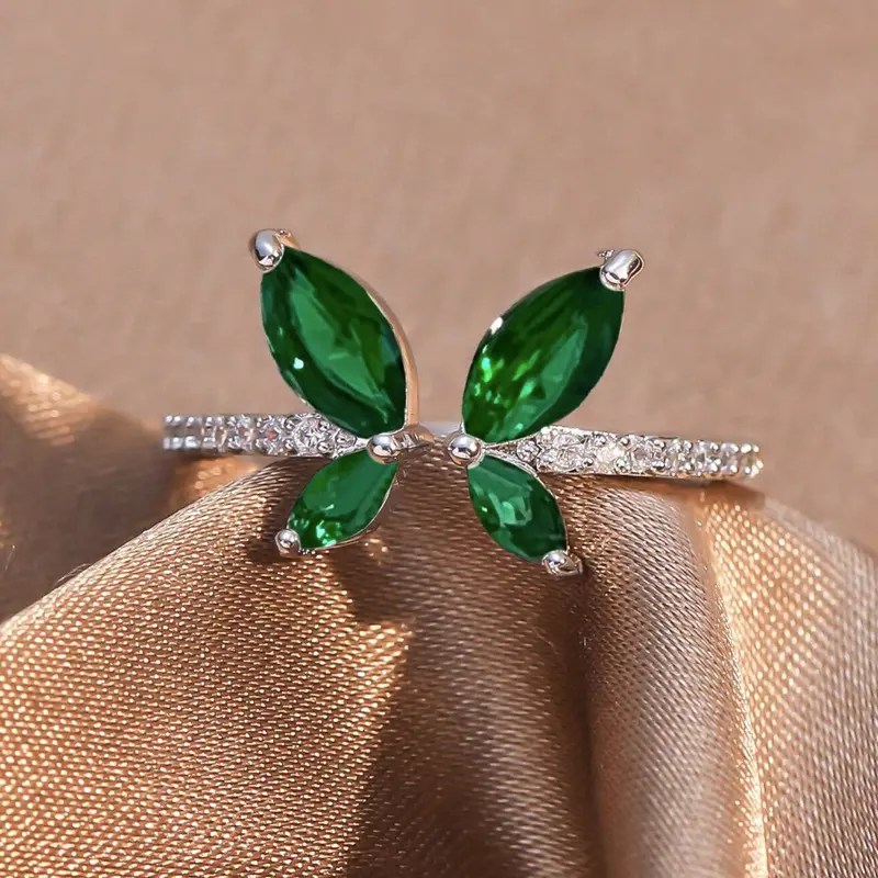 2025 New Trendy Green Zircon Butterfly Open Ring for Women Shining Metal Rhinestone Adjustable Ring Fashion Jewelry Gifts