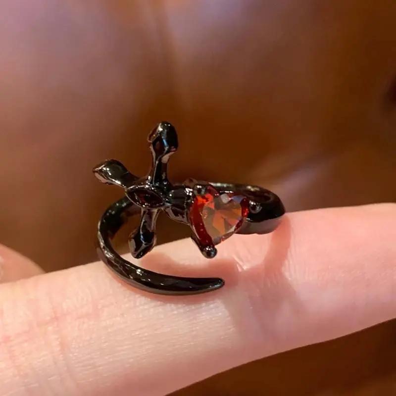 Punk Gothic Purple Zircon Love Heart Cross Open Rings For Men Women Retro Black Thorny Rose Couple Finger Rings Y2K Jewelry Gift