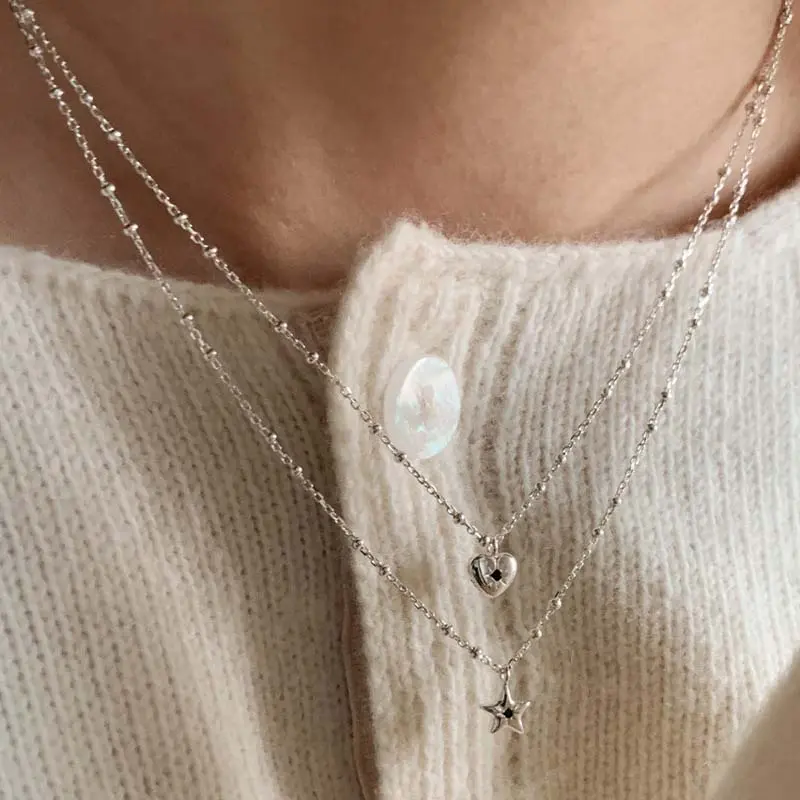 Korean Blue Zircon Heart Star Pendant Necklace For Women Vintage Silver Color Beaded Clavicle Chain Necklace Jewelry 2025 New