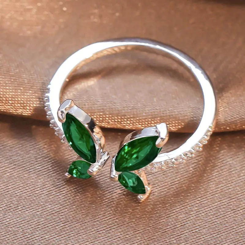 2025 New Trendy Green Zircon Butterfly Open Ring for Women Shining Metal Rhinestone Adjustable Ring Fashion Jewelry Gifts