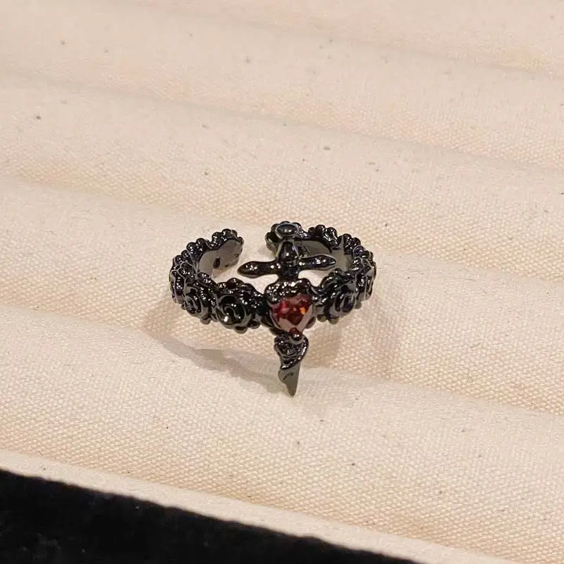 Punk Gothic Purple Zircon Love Heart Cross Open Rings For Men Women Retro Black Thorny Rose Couple Finger Rings Y2K Jewelry Gift