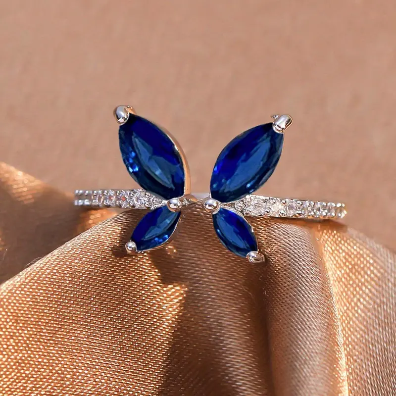 2025 New Trendy Green Zircon Butterfly Open Ring for Women Shining Metal Rhinestone Adjustable Ring Fashion Jewelry Gifts