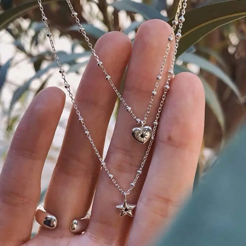 Korean Blue Zircon Heart Star Pendant Necklace For Women Vintage Silver Color Beaded Clavicle Chain Necklace Jewelry 2025 New