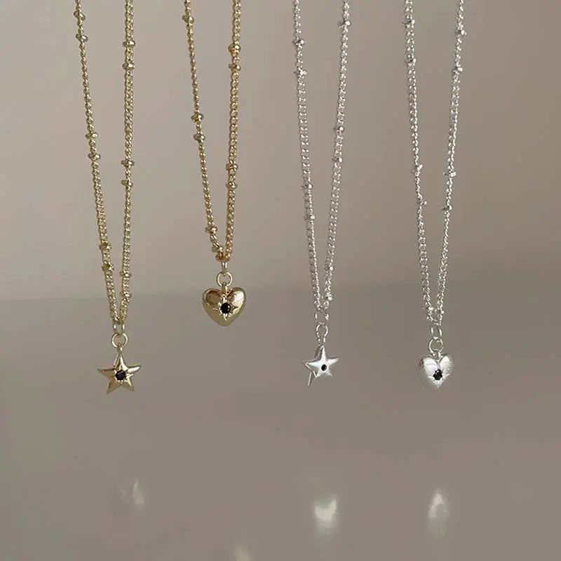 Korean Blue Zircon Heart Star Pendant Necklace For Women Vintage Silver Color Beaded Clavicle Chain Necklace Jewelry 2025 New