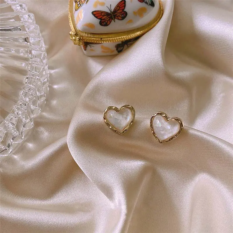 2024 New Trendy Blue Heart Stud Earrings for Women Girls Korean Cute Black White Small Heart Zircon Earrings Party Jewelry
