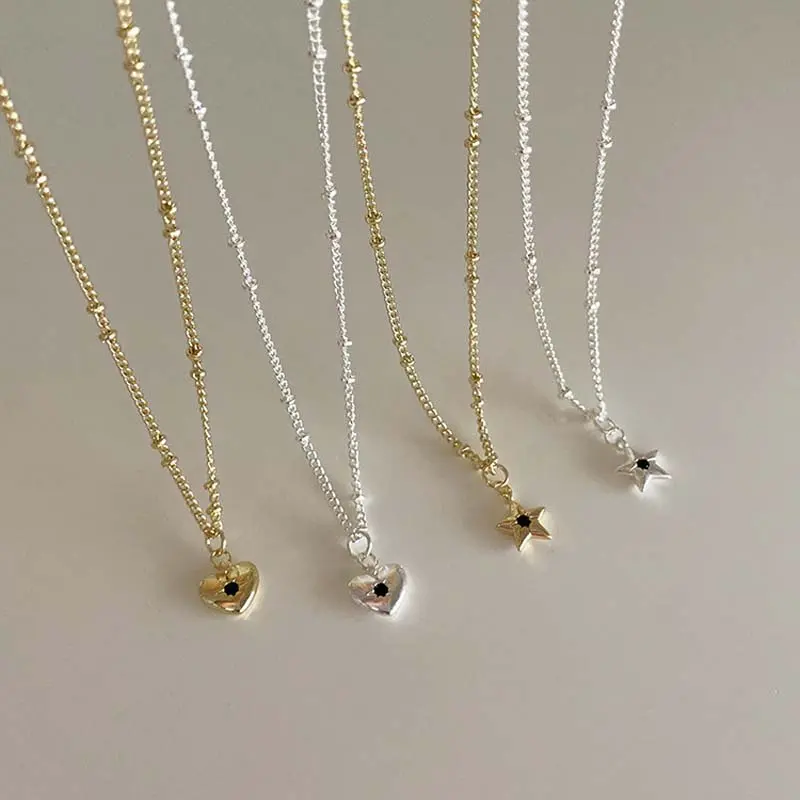 Korean Blue Zircon Heart Star Pendant Necklace For Women Vintage Silver Color Beaded Clavicle Chain Necklace Jewelry 2025 New