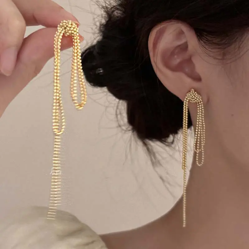 Korean Silver Color Knot Chain Pendant Earrings for Women Girls Elegant Round Bead Long Tassel Drop Earring Wedding Jewelry Gift