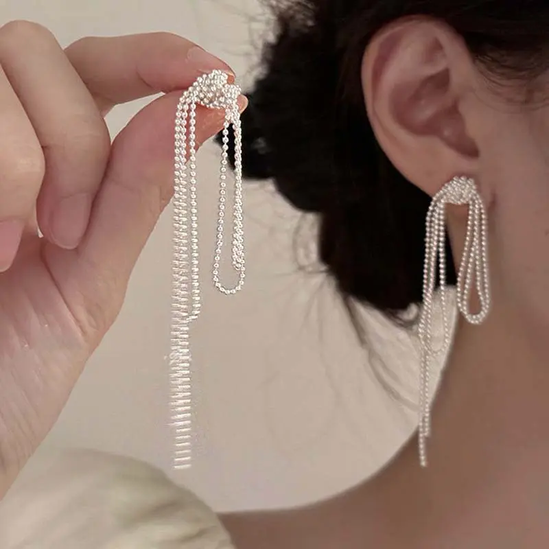 Korean Silver Color Knot Chain Pendant Earrings for Women Girls Elegant Round Bead Long Tassel Drop Earring Wedding Jewelry Gift