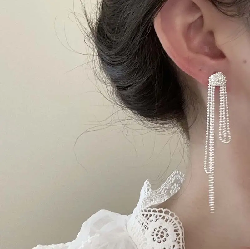 Korean Silver Color Knot Chain Pendant Earrings for Women Girls Elegant Round Bead Long Tassel Drop Earring Wedding Jewelry Gift