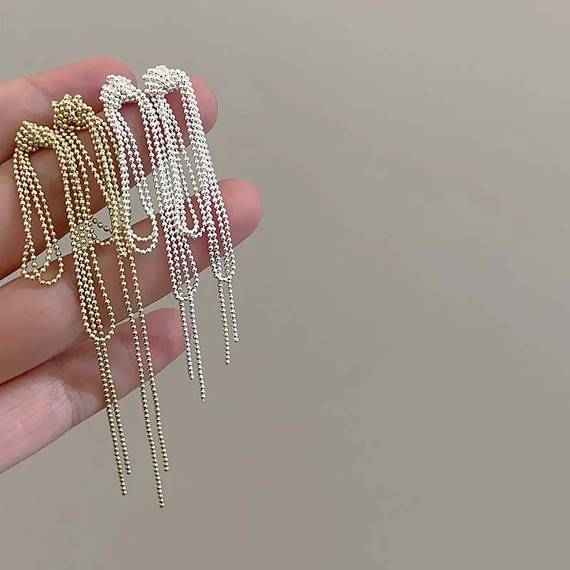 Korean Silver Color Knot Chain Pendant Earrings for Women Girls Elegant Round Bead Long Tassel Drop Earring Wedding Jewelry Gift