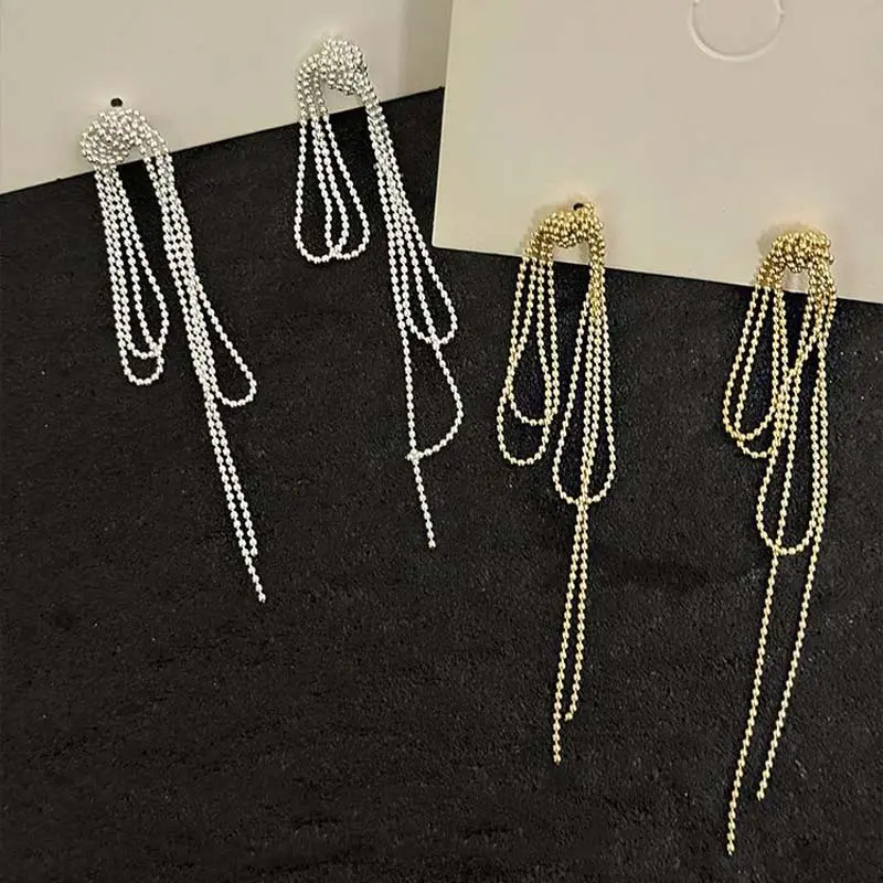 Korean Silver Color Knot Chain Pendant Earrings for Women Girls Elegant Round Bead Long Tassel Drop Earring Wedding Jewelry Gift