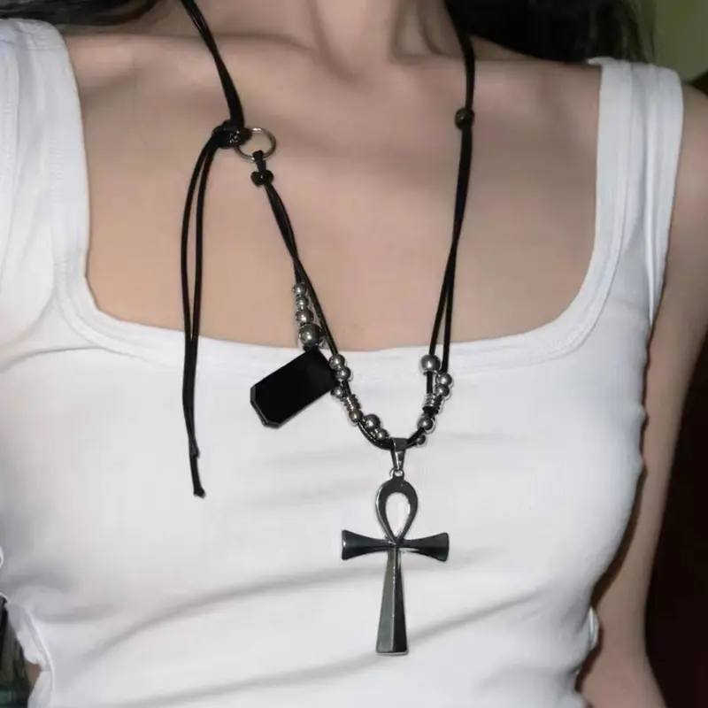 Y2K Retro Metal Cross Pendant Necklaces for Women Girls Punk Gothic Black Rope Long Sweater Chain Necklace Jewelry Party Gifts