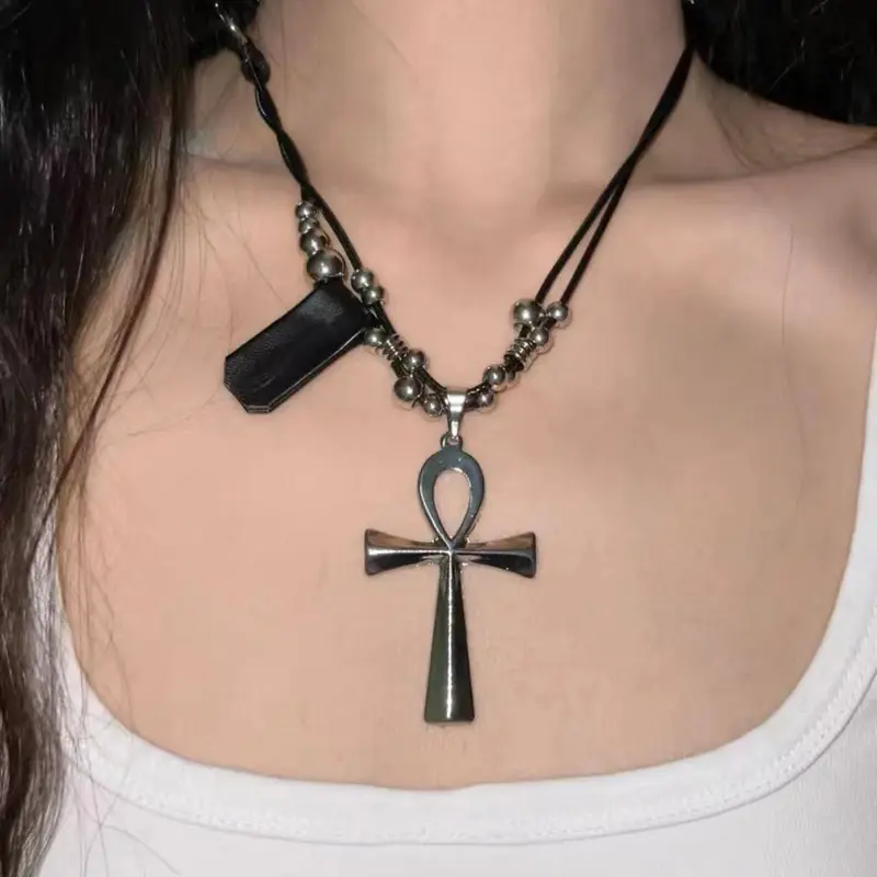 Y2K Retro Metal Cross Pendant Necklaces for Women Girls Punk Gothic Black Rope Long Sweater Chain Necklace Jewelry Party Gifts