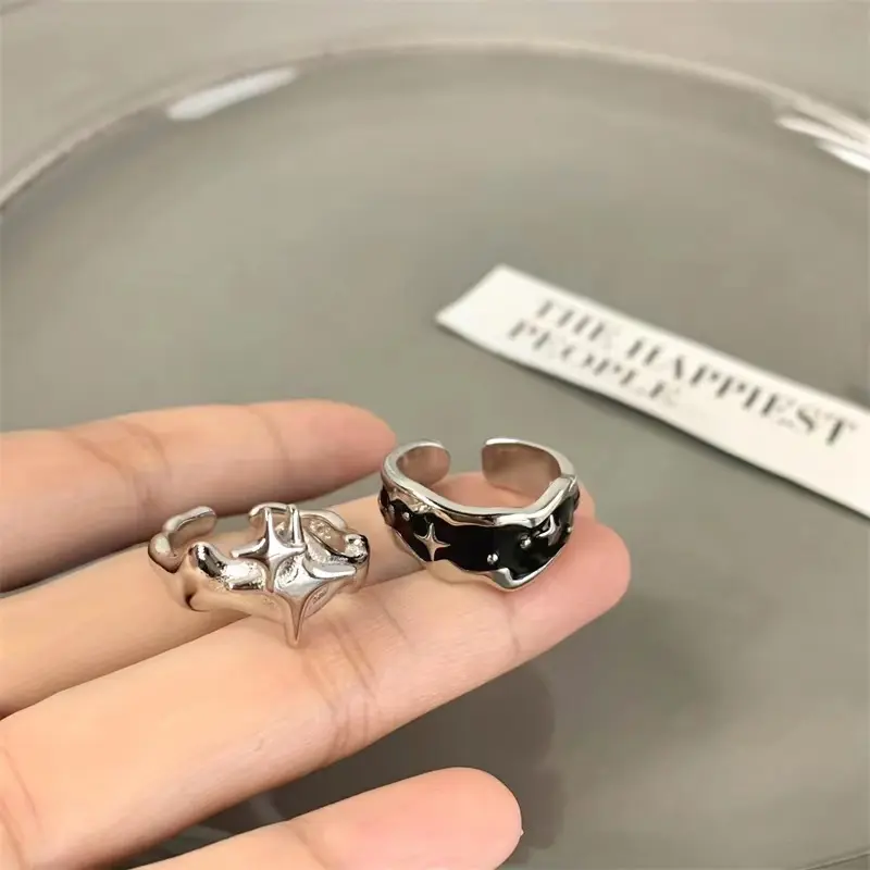 Fashion Silver Color Irregular Stars Open Rings For Women Vintage Punk Black Crystal Drip Oil Couple Ring Jewelry Party Gift