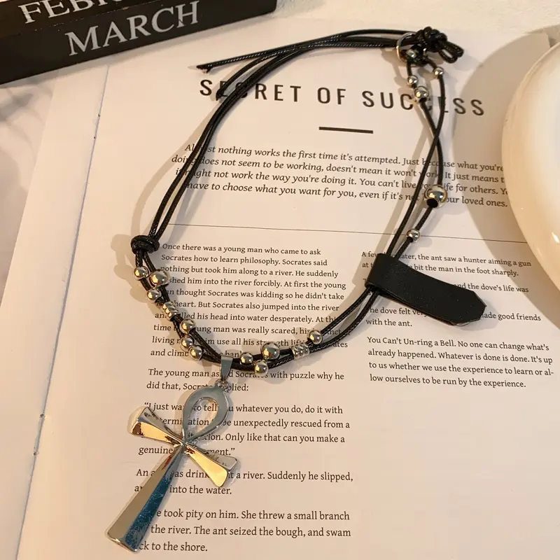 Y2K Retro Metal Cross Pendant Necklaces for Women Girls Punk Gothic Black Rope Long Sweater Chain Necklace Jewelry Party Gifts