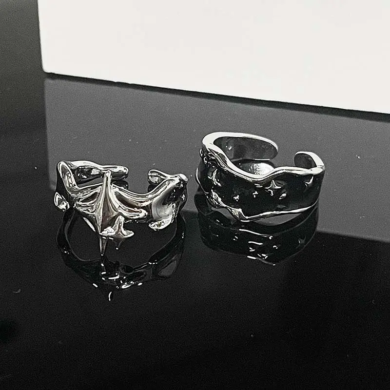 Fashion Silver Color Irregular Stars Open Rings For Women Vintage Punk Black Crystal Drip Oil Couple Ring Jewelry Party Gift