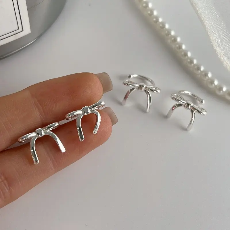 Korean Silver Color Ribbon Bowknot Stud Earrings for Women Girls Minimalist Metal Small Ear Clip Earrings Aesthetic Jewelry Gift