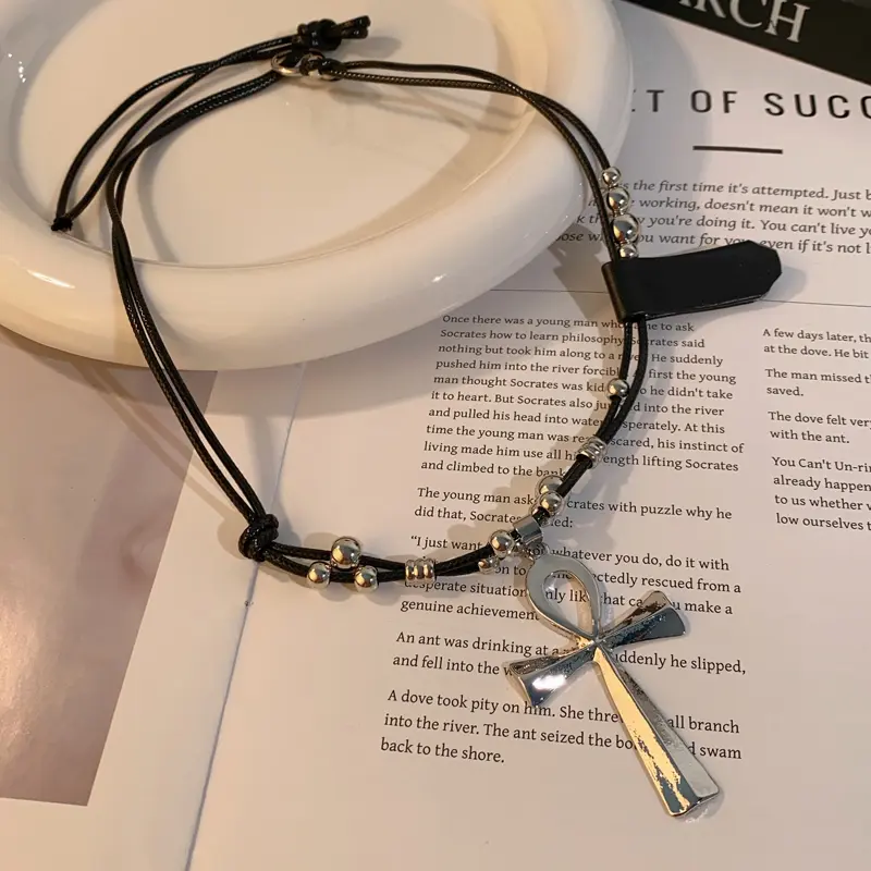 Y2K Retro Metal Cross Pendant Necklaces for Women Girls Punk Gothic Black Rope Long Sweater Chain Necklace Jewelry Party Gifts