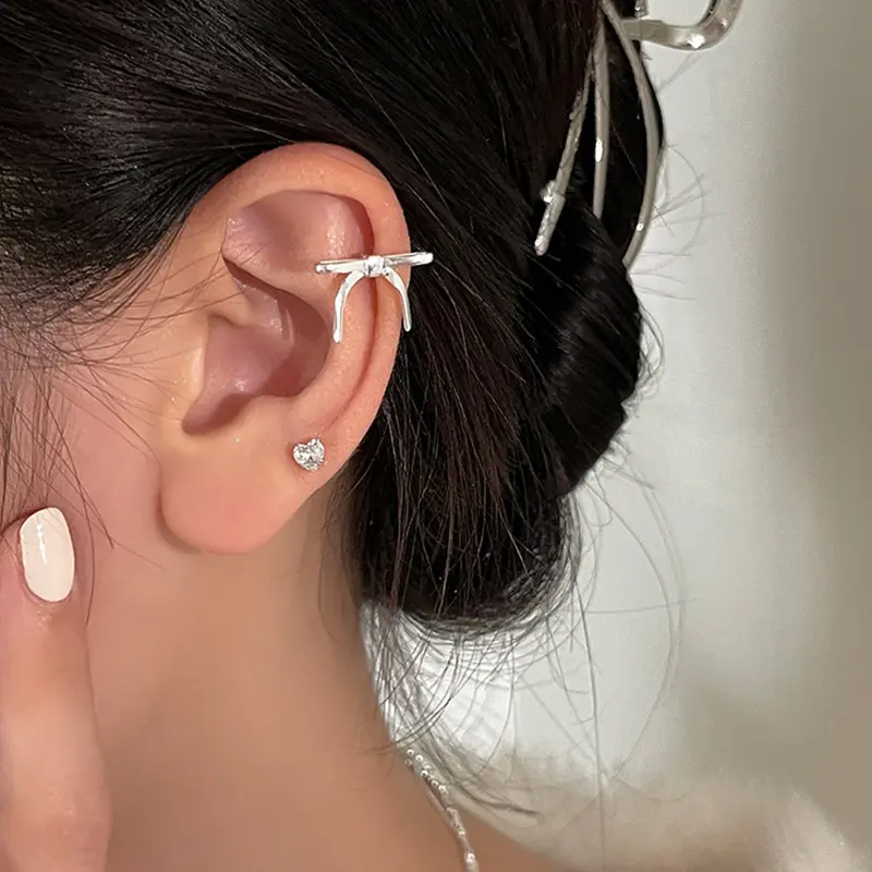 Korean Silver Color Ribbon Bowknot Stud Earrings for Women Girls Minimalist Metal Small Ear Clip Earrings Aesthetic Jewelry Gift