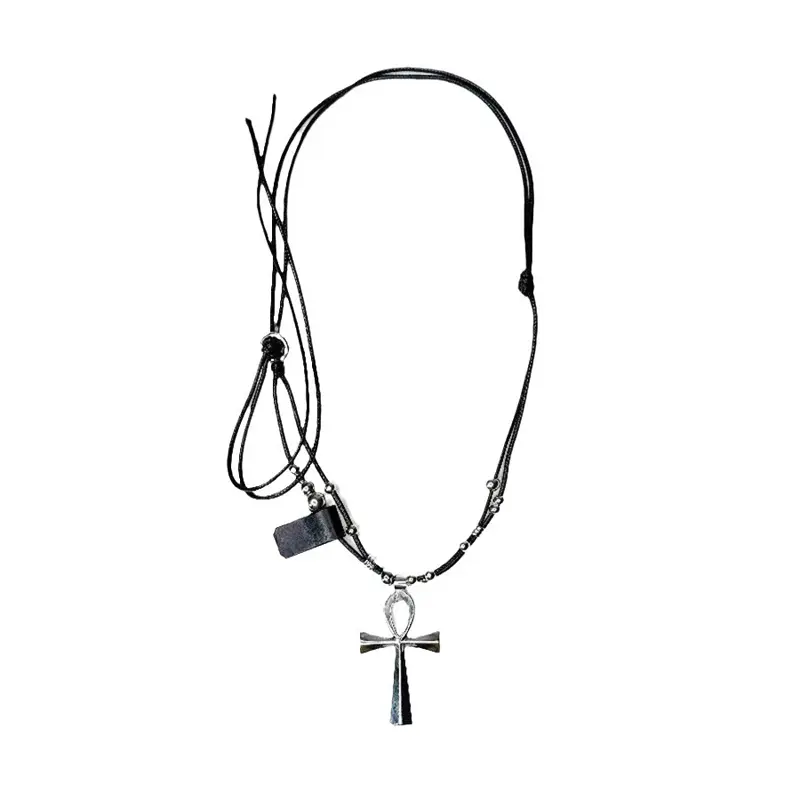 Y2K Retro Metal Cross Pendant Necklaces for Women Girls Punk Gothic Black Rope Long Sweater Chain Necklace Jewelry Party Gifts