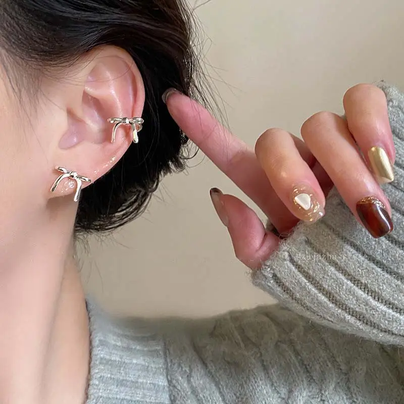 Korean Silver Color Ribbon Bowknot Stud Earrings for Women Girls Minimalist Metal Small Ear Clip Earrings Aesthetic Jewelry Gift