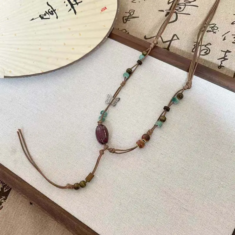 Vintage Ethnic Style Ceramic Butterfly Necklaces for Women New Chinese Cross Beaded Long Adjustable Sweater Chain Jewelry Gifts