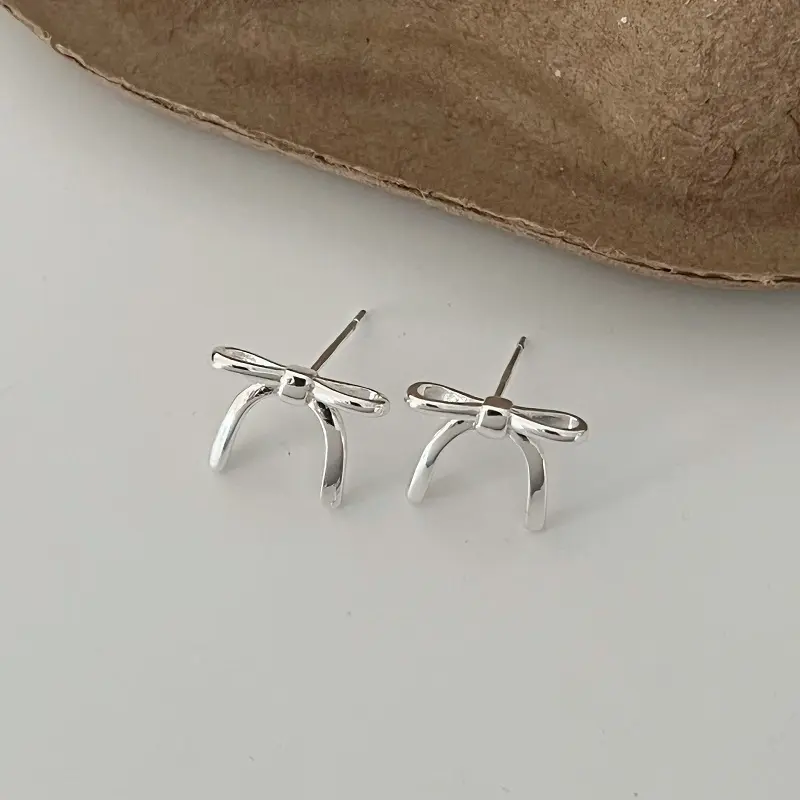 Korean Silver Color Ribbon Bowknot Stud Earrings for Women Girls Minimalist Metal Small Ear Clip Earrings Aesthetic Jewelry Gift