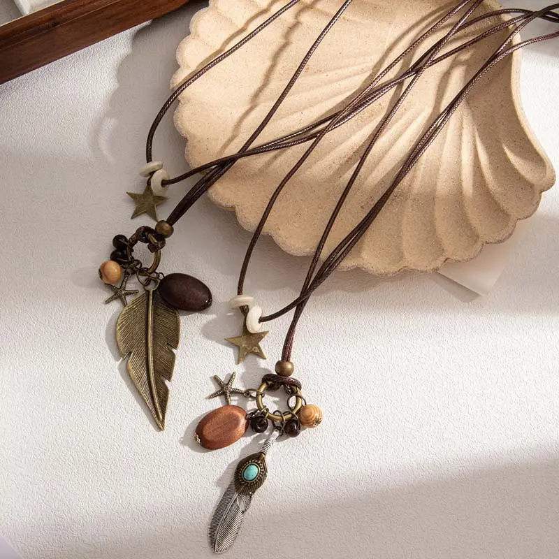 Vintage Ethnic Style Ceramic Butterfly Necklaces for Women New Chinese Cross Beaded Long Adjustable Sweater Chain Jewelry Gifts