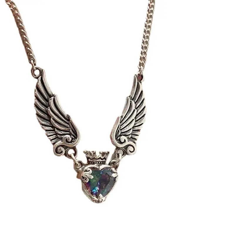 Vintage Gothic Heart Crown Angel Wings Pendant Necklaces for Women Fashion Exquisite Love Shape Clavicle Chain Choker Jewelry