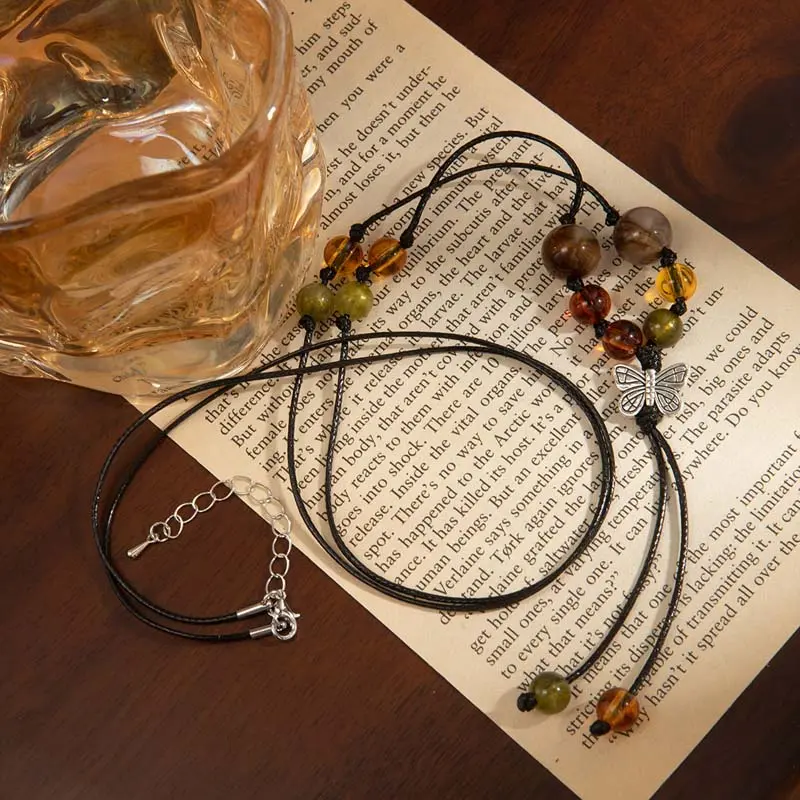 Vintage Ethnic Style Ceramic Butterfly Necklaces for Women New Chinese Cross Beaded Long Adjustable Sweater Chain Jewelry Gifts