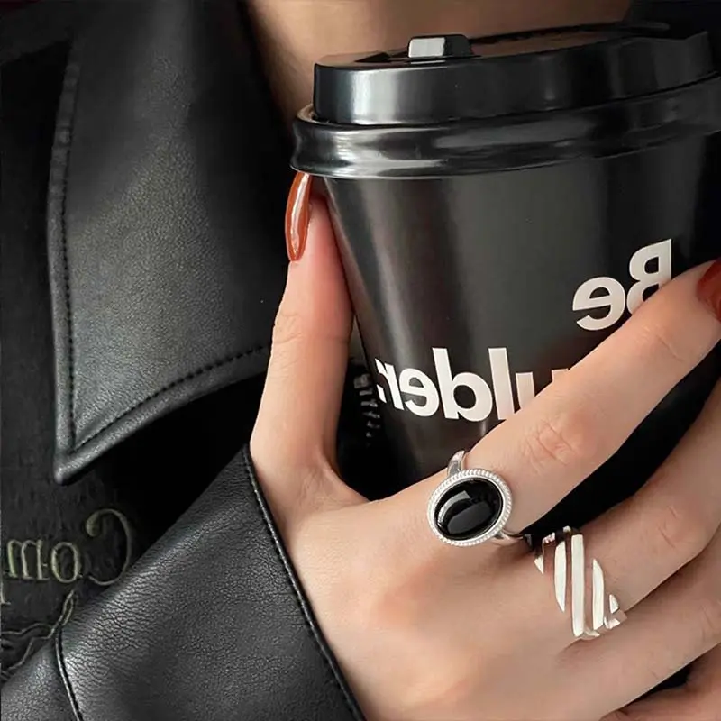Fashion Silver Color Black Stone Rings for Women Girl Korean Simple Geometric Open Adjustable Handmade Couple Ring Jewelry Gifts