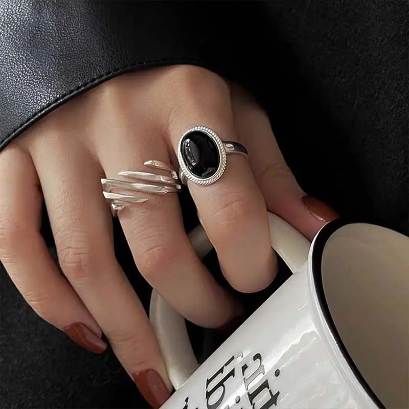 Fashion Silver Color Black Stone Rings for Women Girl Korean Simple Geometric Open Adjustable Handmade Couple Ring Jewelry Gifts