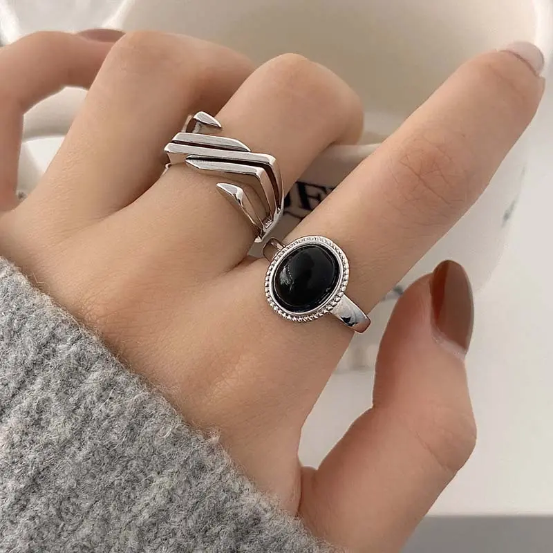 Fashion Silver Color Black Stone Rings for Women Girl Korean Simple Geometric Open Adjustable Handmade Couple Ring Jewelry Gifts