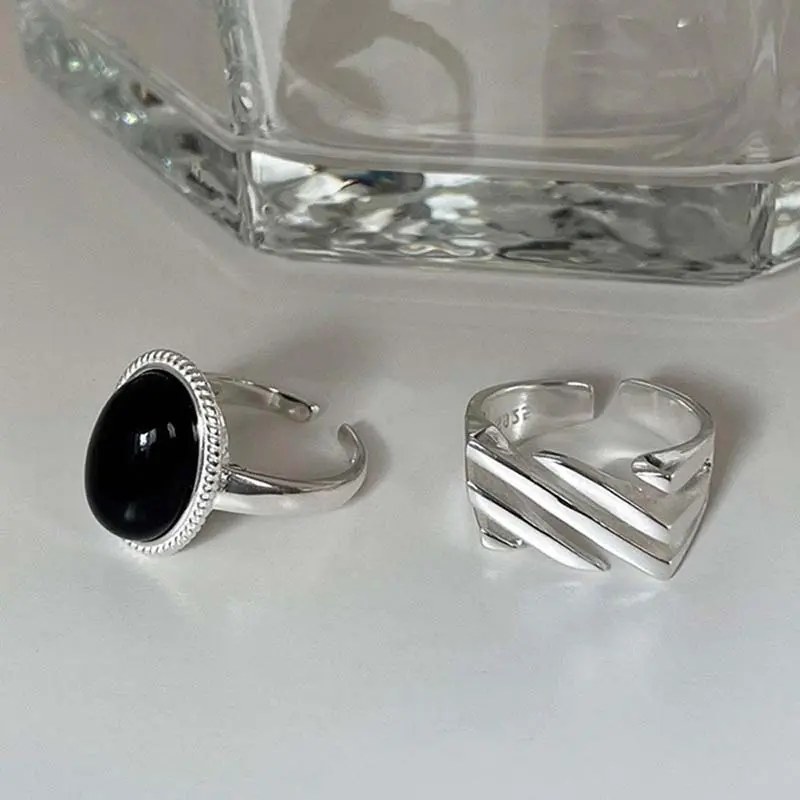 Fashion Silver Color Black Stone Rings for Women Girl Korean Simple Geometric Open Adjustable Handmade Couple Ring Jewelry Gifts