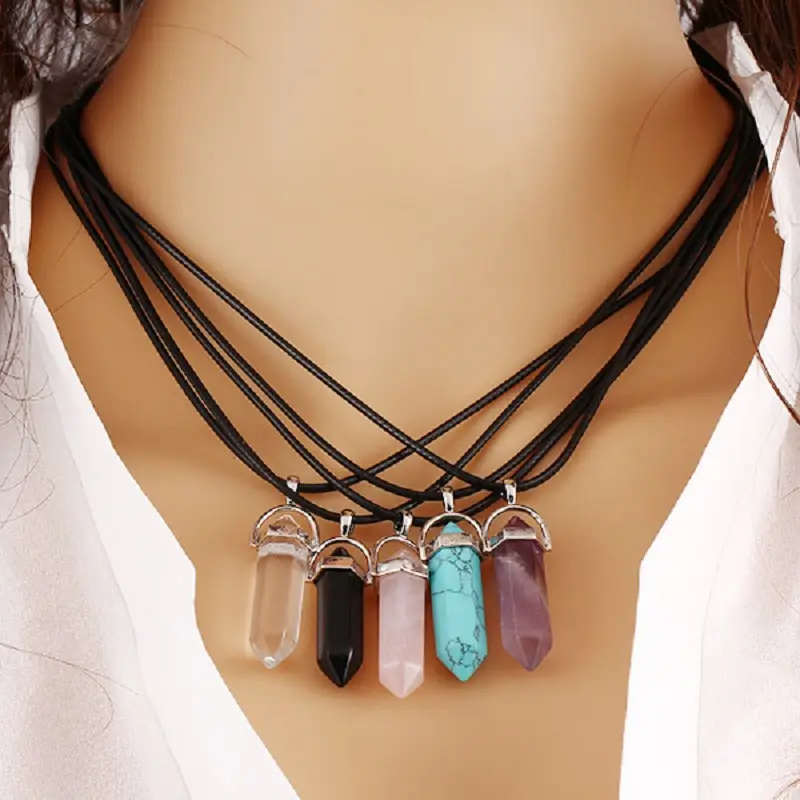 2025 Natural Stone Hexagonal Crystal Pendant Necklaces for Women Men Fashion Pink Opal Leather Clavicle Chain Necklace Jewelry
