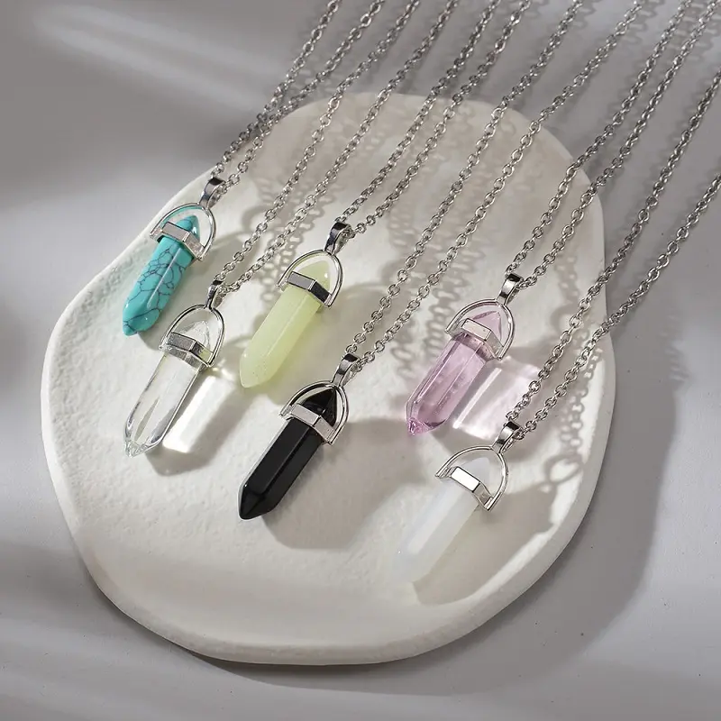 2025 Natural Stone Hexagonal Crystal Pendant Necklaces for Women Men Fashion Pink Opal Leather Clavicle Chain Necklace Jewelry