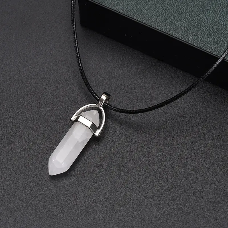 2025 Natural Stone Hexagonal Crystal Pendant Necklaces for Women Men Fashion Pink Opal Leather Clavicle Chain Necklace Jewelry