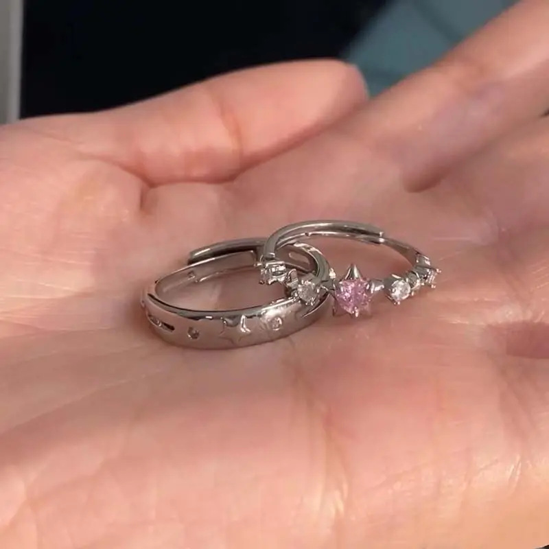 Y2K Pink Zircon Stars Heart Open Rings for Women Couples Trendy Sweet Irregular Adjustable Finger Ring Wedding Party Jewelry
