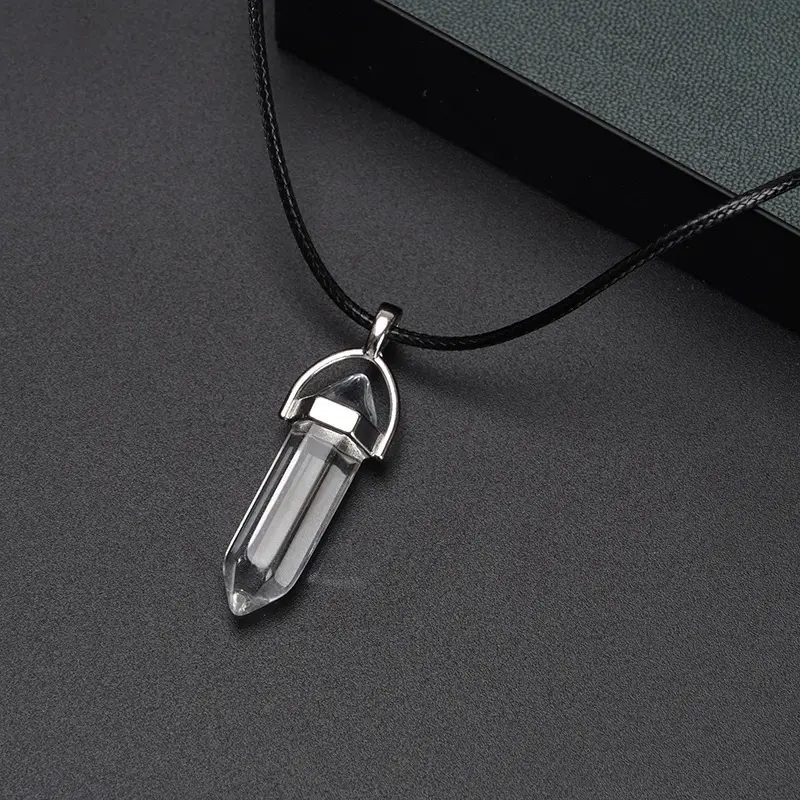 2025 Natural Stone Hexagonal Crystal Pendant Necklaces for Women Men Fashion Pink Opal Leather Clavicle Chain Necklace Jewelry