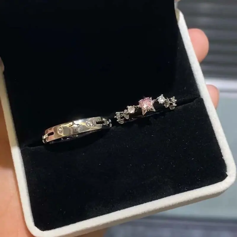 Y2K Pink Zircon Stars Heart Open Rings for Women Couples Trendy Sweet Irregular Adjustable Finger Ring Wedding Party Jewelry