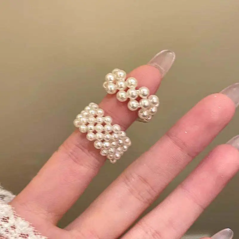 2025 New Korean White Multilayer Imitation Pearl Rings For Women Elegant Handmade Beaded Elastic Ring Wedding Jewelry Gifts
