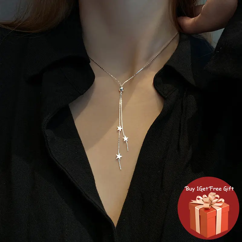 Fashion Silver Color Long Tassel Star Pull Necklaces for Women Girls Simple Elegant Clavicle Chains Choker Jewelry Collares