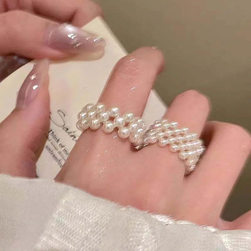 2025 New Korean White Multilayer Imitation Pearl Rings For Women Elegant Handmade Beaded Elastic Ring Wedding Jewelry Gifts