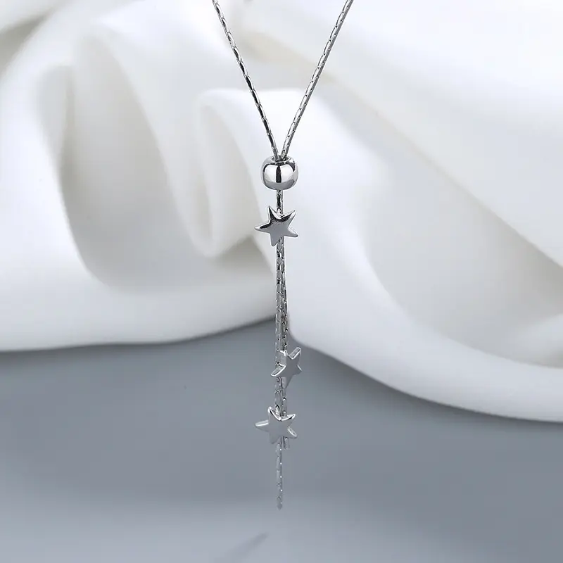 Fashion Silver Color Long Tassel Star Pull Necklaces for Women Girls Simple Elegant Clavicle Chains Choker Jewelry Collares