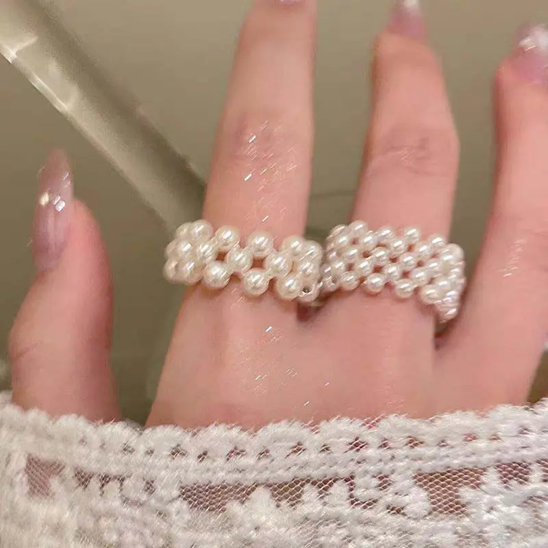 2025 New Korean White Multilayer Imitation Pearl Rings For Women Elegant Handmade Beaded Elastic Ring Wedding Jewelry Gifts