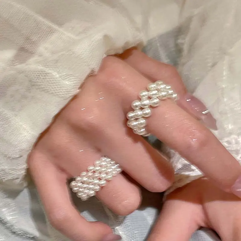 2025 New Korean White Multilayer Imitation Pearl Rings For Women Elegant Handmade Beaded Elastic Ring Wedding Jewelry Gifts